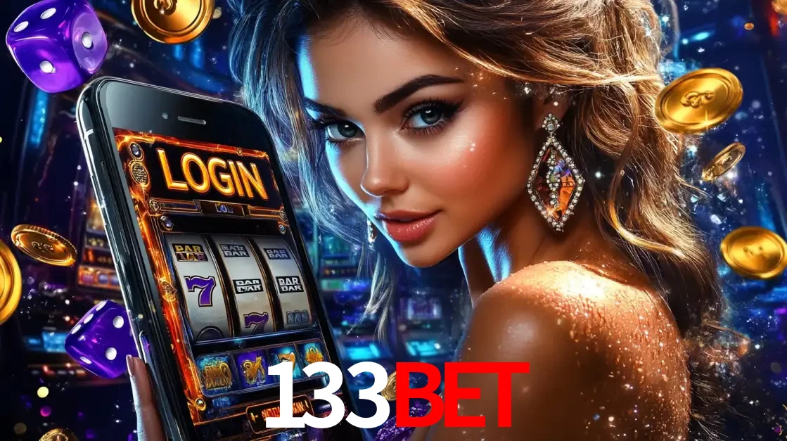 Mulher glamorosa segurando um smartphone com a tela de login para os jogos de caça-níqueis do cassino online 133bet, com moedas de ouro e dados ao redor.