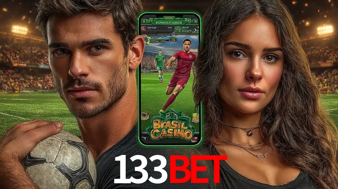 Homem segurando uma bola de futebol e uma mulher ao lado de um smartphone exibindo o jogo de apostas esportivas da 133bet. Faça seu palpite no cassino online.
